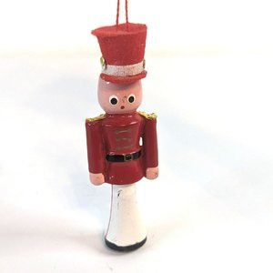 Vintage Wooden Toy Soldier With Red Felt Hat Christmas Ornament 3.5-Inches Tall